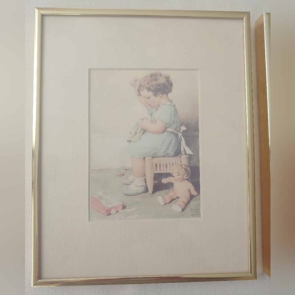 2 Set Pictures Bessie Pease Guttman "Little Mother" "Oh Oh A Bunny" Framed